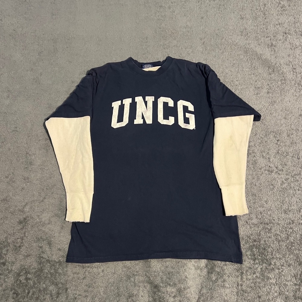 Vintage Yikes UNCG Spartans Spellout Shirt Mens Large Navy Blue Short Sleeve